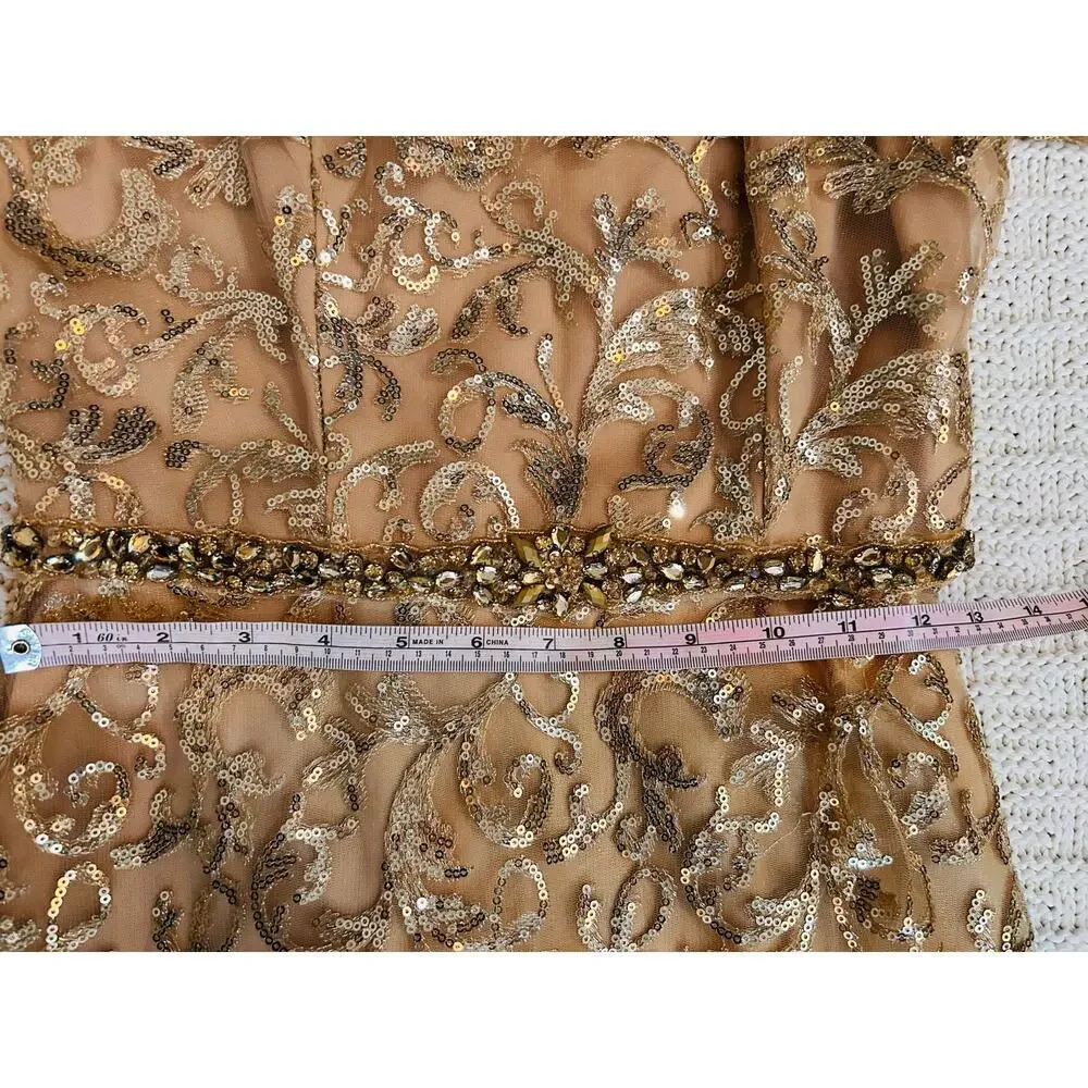 NWT Mac Duggal Gold Overlay Long Sleeve High Neck Floor Length Gown US‎ 4 - Picture 9 of 14